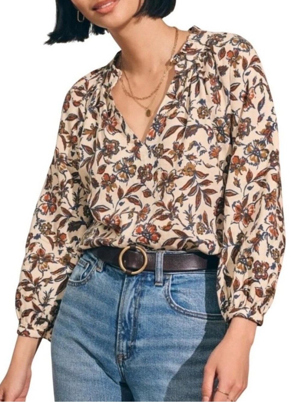 Faherty Portia Indee Floral Print V-Neck Blouse Top Womens Shirt Cream Medium